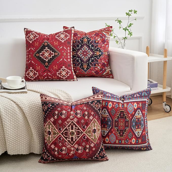 Set of 4 Boho Throw Pillow Covers 18x18 Inch Red Kilim Tribal Decorative Pillow Cases for Couch Bed Living Room Spring Summer Decor