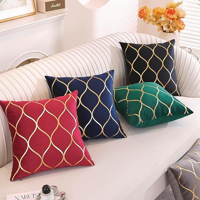 Gyulin Pack of 4 Gold Velvet Throw Pillow Covers 18x18 Inches Solid Square Pillow Covers Geometric Cushion Covers for Couch Sofa Home Bedroom Decor, Brown