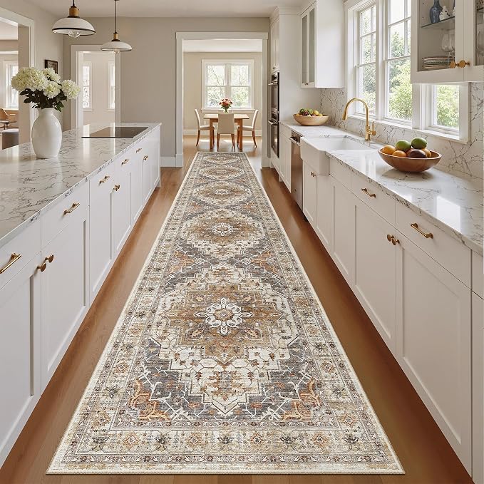 Madane Hallway Runner Rug 2'6''x16' Kitchen Runners Vintage, Turmeric/Grey | Long Non-Slip Washable Rugs 16ft for Entryway Laundry and Bedroom, Soft Low Pile Stain-Resistant 2.5x16 Ft Floor Carpet