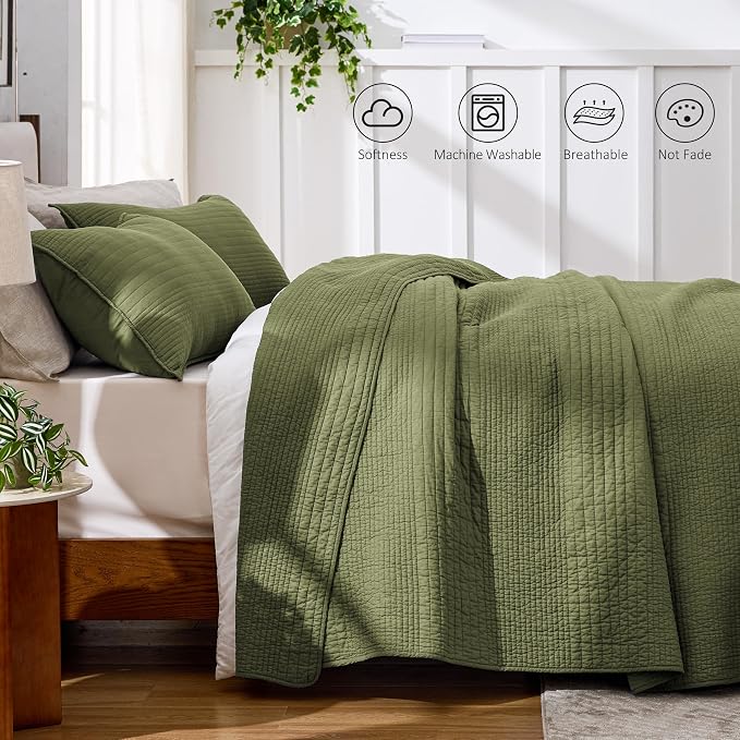 Love's cabin King Size Cotton Quilt Set, 100% Cotton Fabric Striped Textured Coverlet with Crinkled Look, Lightweight Quilted Bedspread for All Season, Includes 2 Pillow Shams, Olive Green