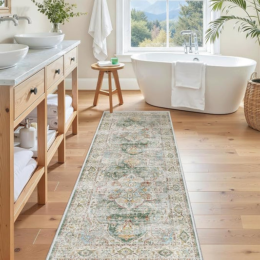 Madane Washable Runner Rug 2x6 Runners for Hallways Non Slip, Green | Vintage Stain-Resistant 6 Feet Kitchen Rug, Soft Low-Pile Ultra-Thin Floor Carpet Mat for Bathroom Laundry Room Bedroom 2x6ft