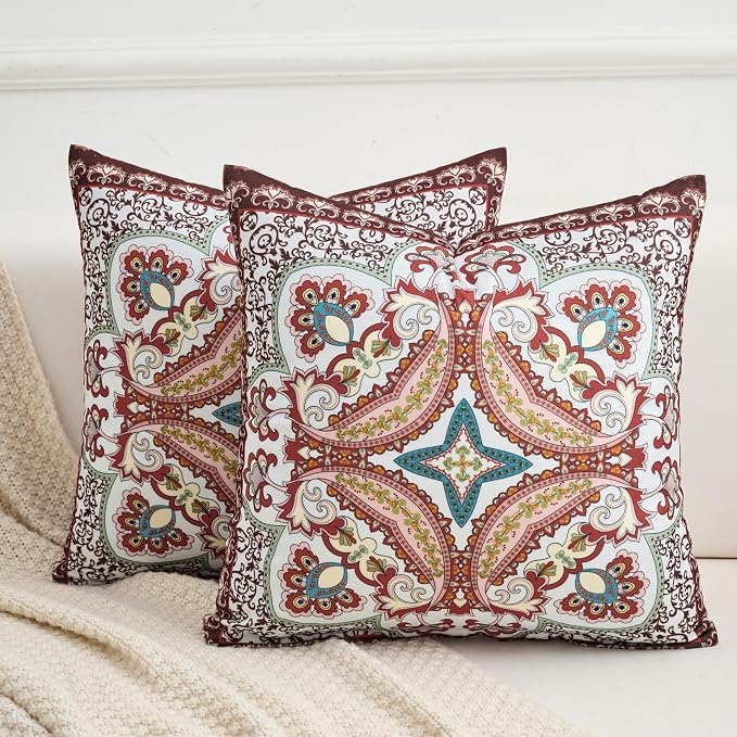 Boho Throw Pillow Covers 18X18 Inch Set of 2 Bohemian Soft Velvet Couch Pillow Cases Farmhouse Decorative Pillow Covers for Sofa Living Room Bedroom Outdoor Patio Porch Crimson Paisley
