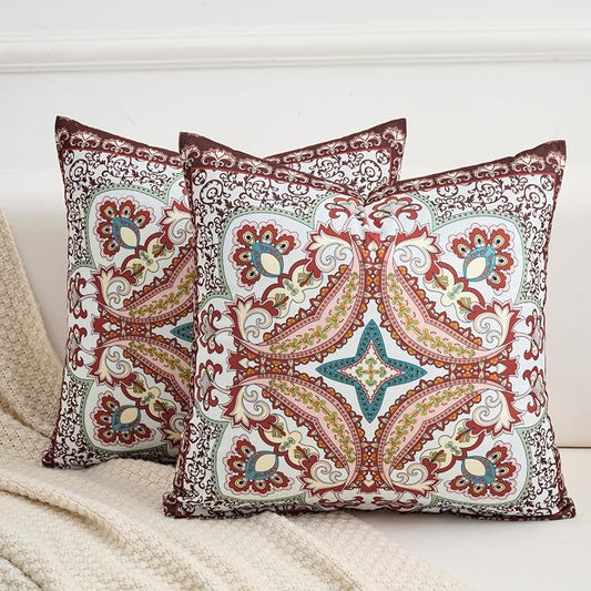 Boho Throw Pillow Covers 18X18 Inch Set of 2 Bohemian Soft Velvet Couch Pillow Cases Farmhouse Decorative Pillow Covers for Sofa Living Room Bedroom Outdoor Patio Porch Crimson Paisley