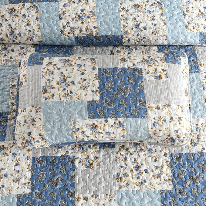 Mybedsoul Boho Quilts Queen Size, Floral Patchwork Bedding Set, Light Blue | Soft Lightweight Microfiber Coverlet Set, 3 Pieces Plaid Reversible Bedspread, Bed Sets for All Seasons 96"x90"