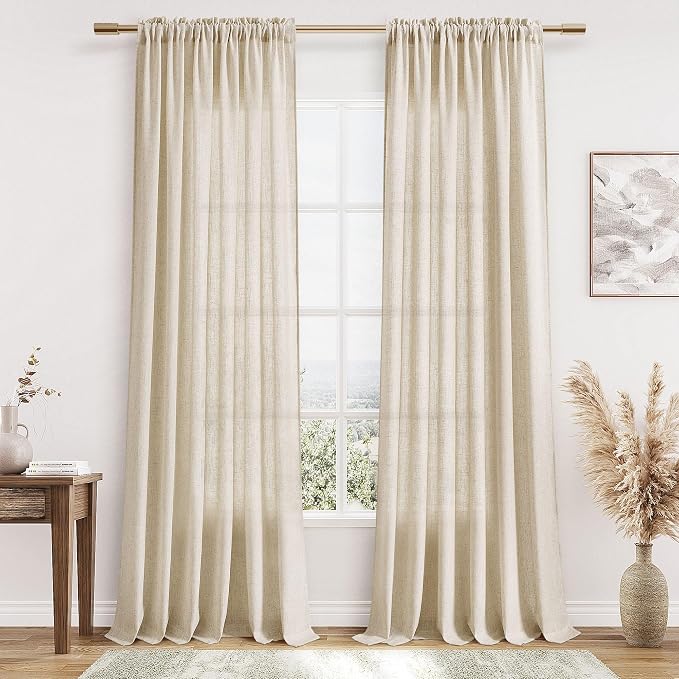 Linen Curtains 84 Inch Length for Living Room Bedroom 2 Panels Set Rod Pocket Light Filtering Semi Sheer Window Curtains 52 Inch Width Boho Farmhouse Drapes Flax Beige Linen, W52xL84