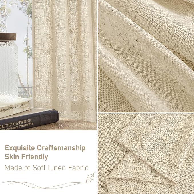 Light Filtering Sheer Linen Curtains 102 inches Long 2 Panels | Linen Textured, Curtains for Living Room, Bedroom, Farmhouse, Bronze Grommet, Natural Boho Drapes, Linen, 52 x 102 Inch