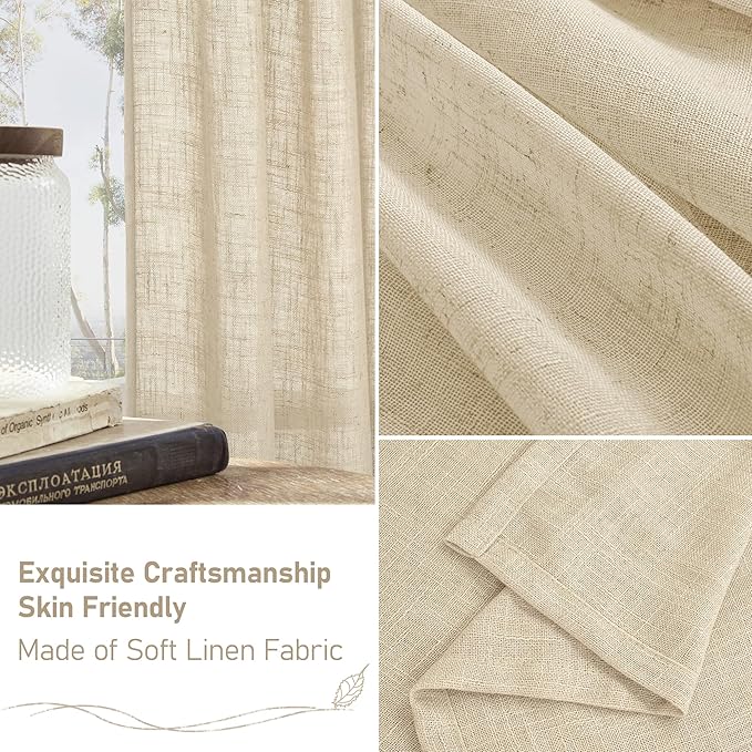 Natural Linen Semi Sheer Curtains 63 Inch for Bedroom 2 Panels | Light Filtering, Curtains for Living Room, Dining Room, Farmhouse Boho, Bronze Grommet Drapes, 38 x 63 Inch, Linen