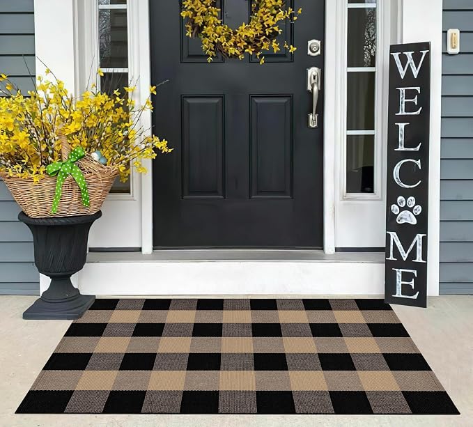 Khaki and Black Outdoor Rug 27.5''x 43.3''Checkered Layered Doormat Cotton Woven Washable Farmhouse Door Mats Outdoor for Front Porch,Entryway,Bedroom,Patio