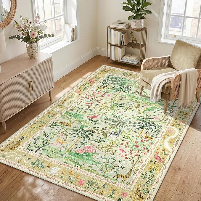4x6 Whimsical Safari Nursery Area Rug Washable Non Slip Small Living Room Rugs Low Pile Animal Print Girs Bedroom Green Throw Carpet Forest Fairy Tale Area Rugs for Entry Kids Room, Sage Green