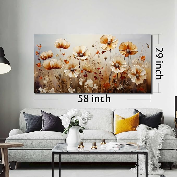DNIEOTU Large Flower Wall Art for Living Room, Floral Canvas Wall-Decor for Bedroom, Beige and Brown Picture Prints for Hallway Office, Size 59 x 29 Inches