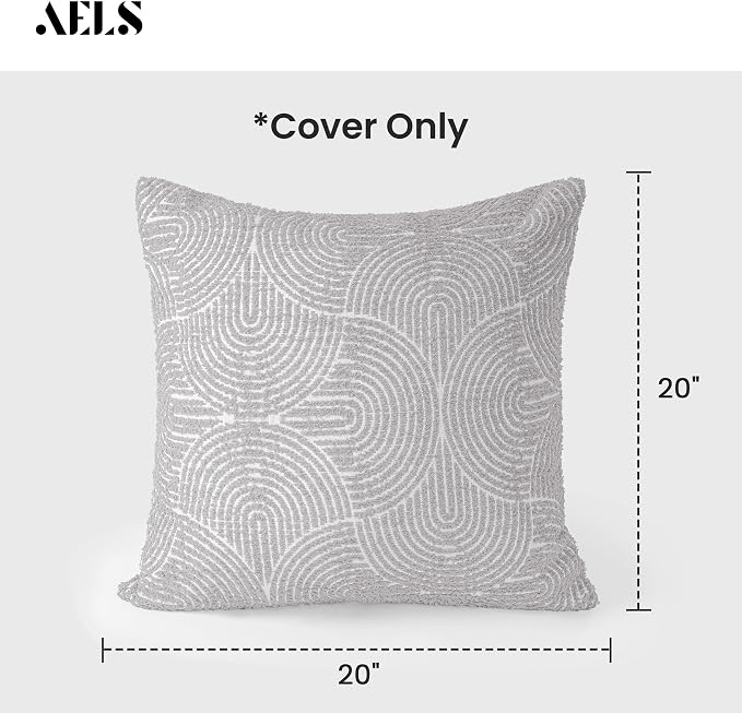 AELS Boho Decorative Textured Throw Pillow Covers 20x20, Modern Mid Century Rainbow Tufted Pillow Case, Farmhouse Rustic Geometric Woven Cushion Case for Bed Couch Sofa, Light Gray