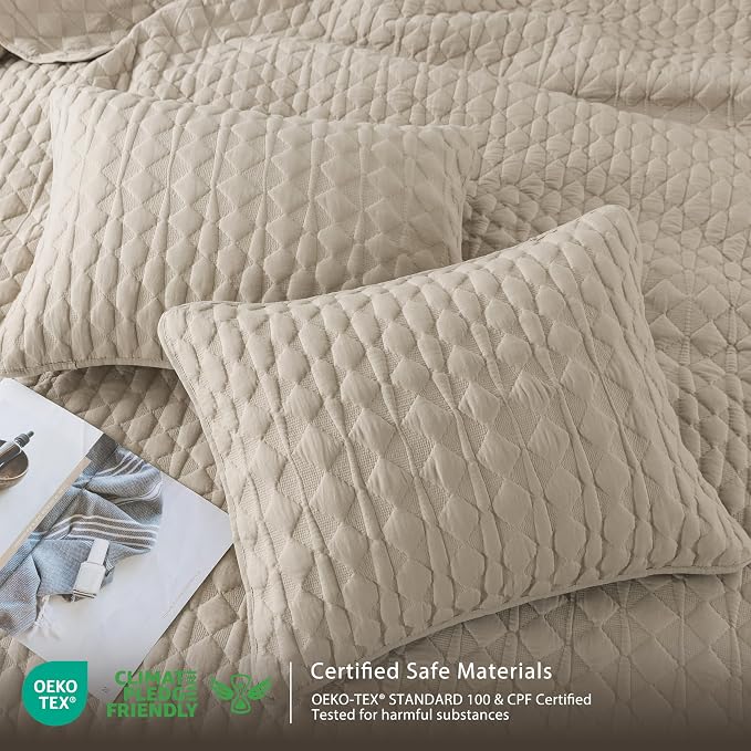 WDCOZY Beige Quilt Twin Size Bedding Sets with 1 Pillow Sham, Lightweight Bedspread Coverlet, Twin XL Thin Comforter Bed Cover, All Season Summer Spring, Tan Cream, 2 Pieces, 68x90 inches