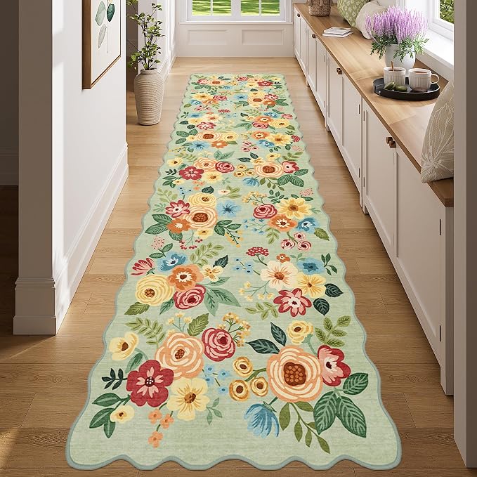 DUKINO 2x7 Runner Rug for Hallway, Floral Washable Rug for Kitchen, Green | Low Pile, Stain Resistant, Soft Throw Carpet Runner for Entryway, Bedroom, Bathroom, Laundry, Pet Friendly, Modern Home Decor