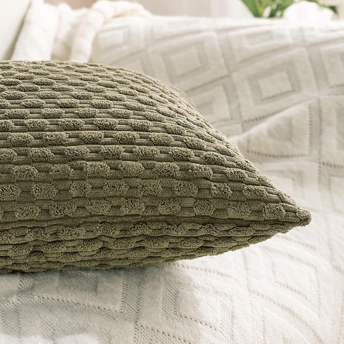 Set of 4 Olive Green Decorative Throw Pillow Covers 18x18 Inch Corduroy Pillow Covers for Bed Couch Sofa Living Room Soft Square Cushion Cases
