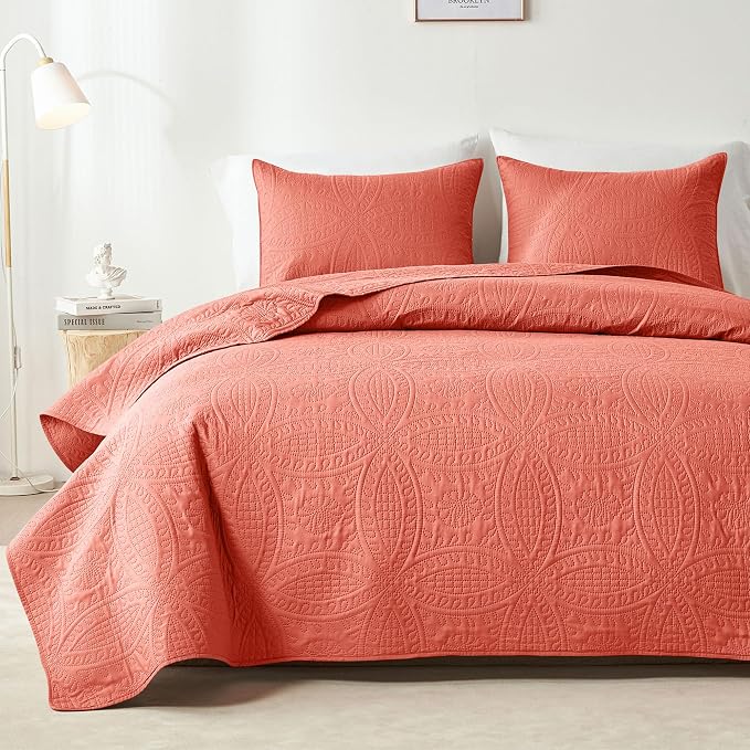 akkialla Mocha Coral Twin Quilt Set,Ultrasonic Lightweight Bedspread Coverlet for Modern Minimalist Bedroom,Soft Microfiber Coin Pattern Bedding,2-Piece (1 Quilt,1 Pillow Sham)