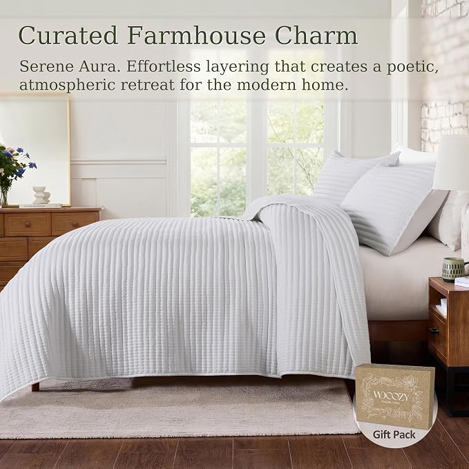 WDCOZY King Size Pick Stitch Quilt Set, 3 Pieces 104x90 inches, White | Striped Lightweight Bedspread, Channel Farmhouse Coverlet, Thin Bedding Comforter, All Season Summer Spring, 2 Pillow Shams