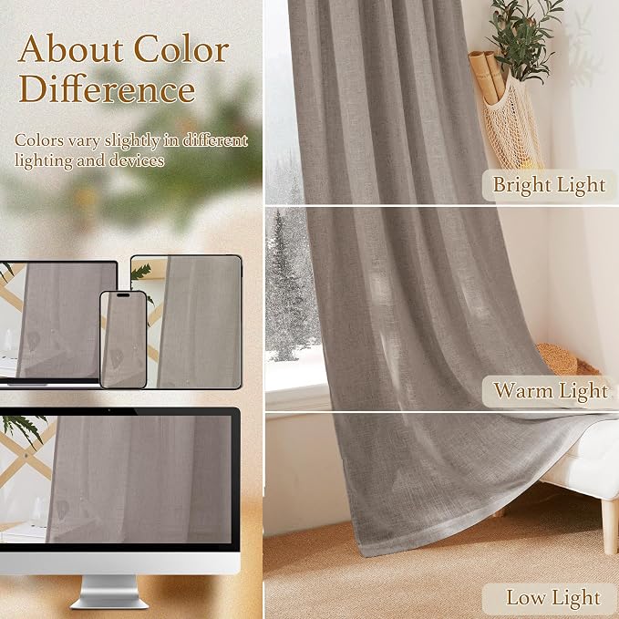 RYB HOME Sheer Curtains 108 inches, Extra Long Floor to Ceiling Curtains | Light Filtering Privacy,Faux Linen Fabric,Living Room Bedroom Sliding Glass Door,Back Tab,W52 x L108,2 Panels,Stone Blue