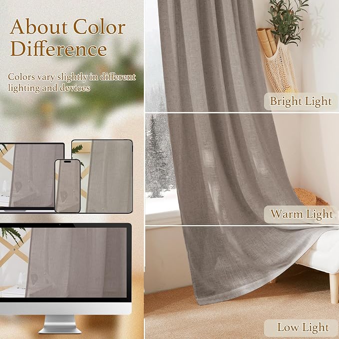 RYB HOME Linen Semi Sheer Curtains for Living Room, Light Filtering Half Privacy Window Curtains & Drapes for Bedroom, 2 Panels, Birch Brown, 52" W x 72" L