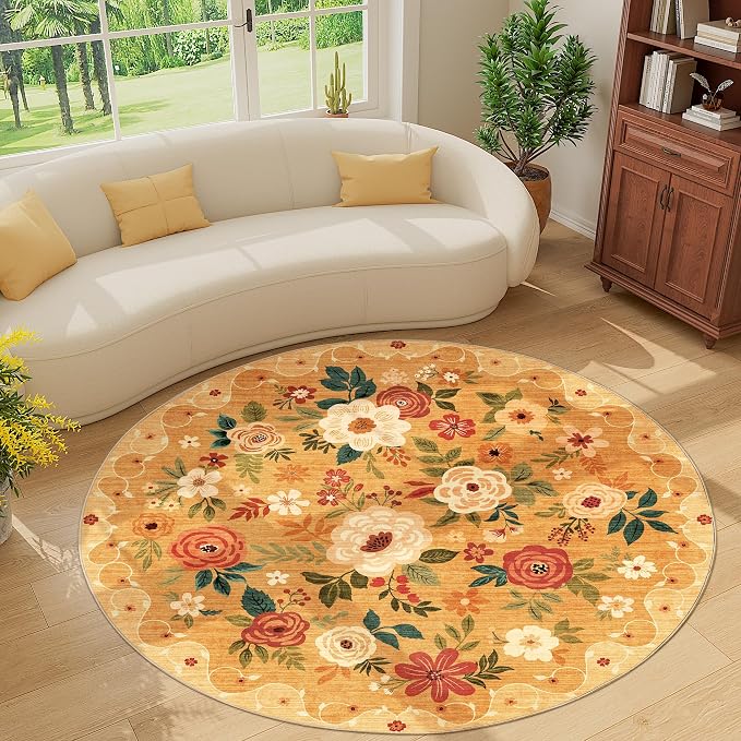 DUKINO 6ft Round Rug, Soft Washable Circle Rug for Bedroom Non Slip, Orange | Low Pile, Stain Resistant Indoor Rug for Living Room, Dining Room, Kids Room, Office, Pet Friendly, Home Decor, Non-Shedding