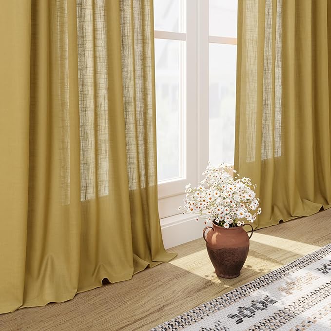 Extra Long Gold Linen Curtains 120 Inch for Living Room 2 Panels Set Rod Pocket Back Tab Light Filtering Semi Sheer Linen Window Drapes Privacy High Ceiling Drapes for Farmhouse 52x120
