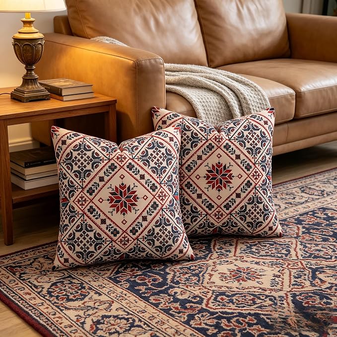 Boho Throw Pillow Covers 18x18 Set of 2 Red Blue Rustic Geometric Decorative Cushion Covers with Hidden Zipper, Soft Polyester Double Sided Machine Washable, No Insert