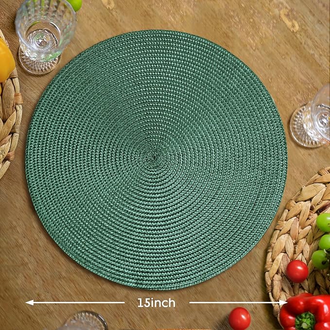 FunWheat Round Braided Placemats Set of 8 Table Mats for Dining Tables Woven Washable Non-Slip Place mats 15 inch(Black Green,8pcs)