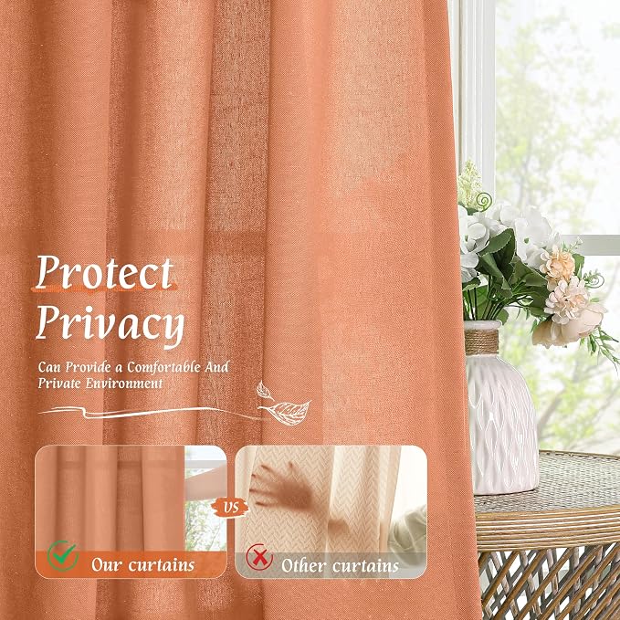 Light Filtering Linen Boho Curtains 84 inch Length for Living Room | Semi Sheer, Privacy, Linen Textured, Drapes for Bedroom, Rustic Farmhouse, Rod Pocket, 52 x 84 Inch, Terracotta, 2 Panels