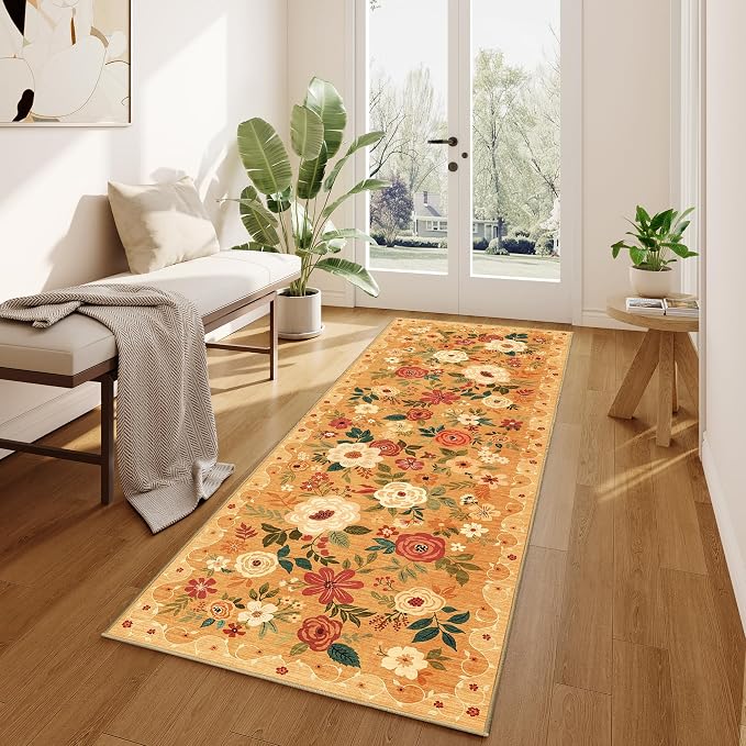 DUKINO 2.6x8 Runner Rug, Washable Runner Rug for Hallway Non Slip, Orange | Low Pile, Soft, Floral Indoor Rug for Kitchen, Entryway, Bedroom, Bathroom, Pet Friendly, Stain Resistant, Modern Home Decor