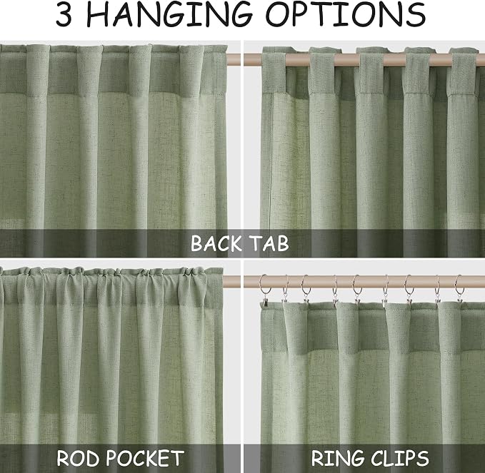 Light Sage Linen Curtains 90 Inch Long 2 Panels Set for Bedroom Living Room Light Sage Linen Textured Window Drapes Semi Sheer Light Filtering Rod Pocket Back Tab Farmhouse Curtain 52x90