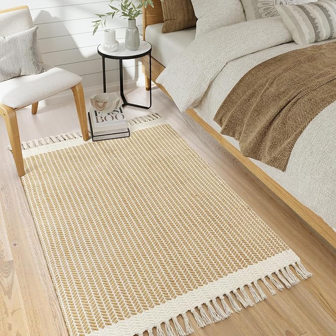 Lahome Boho Bathroom Rugs, 3x5 Washable Area Rug for Bedroom | Woven Cotton Kitchen Rug with Tassels, Farmhouse Decor Throw Non Shedding Indoor Door Mats for Entryway Living Room, Khaki