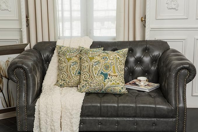 Mika Home Pack of 2 Decorative Pillow Covers Throw Pillow Cases,Paisley Pattern,18X18 Inches,Green Brown Cream Multicolor