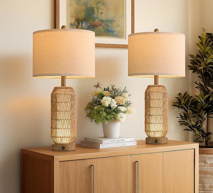 OYEARS 25" Table Lamps Set of 2 with Night Light,Bedside Lamps for Bedroom,Boho Lamps with USB C+A Charging Ports,Farmhouse Table Lamp with Rattan,Frosted Glass,Linen Shade (Wood Grain,Bulb Included)