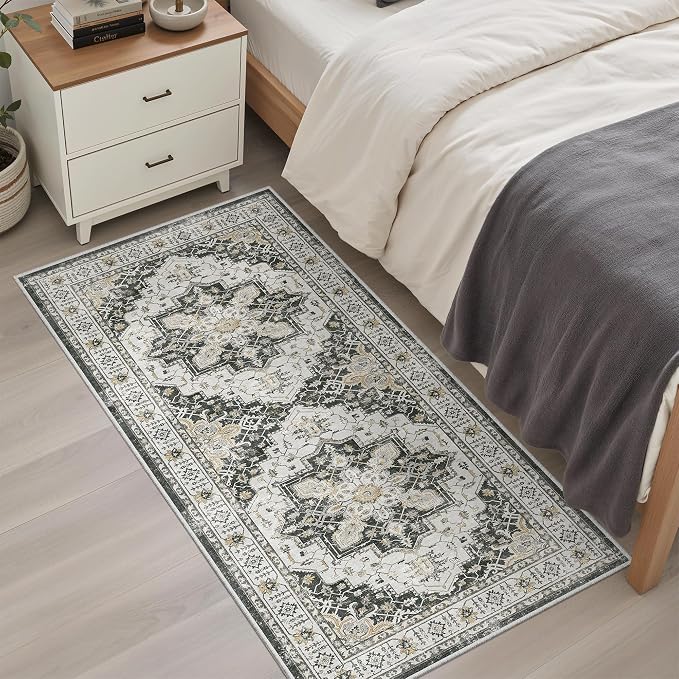 Madane Washable Area Rug 2x4, Small Entryway Rugs Non-Slip, Black | Vintage Printed Door Mat Indoor Entrance, Low-Pile Floor Carpet Runner for Inside Front Bedroom Kitchen Entry Laundry, Stair
