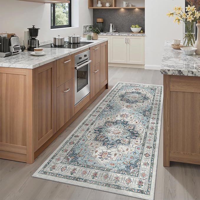Madane Washable Runner Rug 3x6 Runners for Hallways Non Slip, Blue | Vintage Stain-Resistant 6 Feet Kitchen Rug, Soft Low-Pile Ultra-Thin Floor Carpet Mat for Bathroom Laundry Room Bedroom 2x6ft