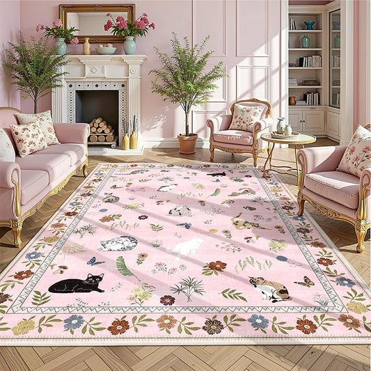 AIMPEAK Pink 5x7 Washable Area Rug - Non Slip Low Profile Cat Floral Boho Carpet for Living Room, Bedroom, Farmhouse, Dining Room, Kids Playroom, Nursery, Vintage, Pink Multi