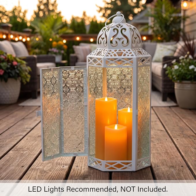 Vela Lanterns Decorative Indoor Candle Holder Table Centerpieces - Moroccan Hanging Outdoor Patio & Porch Home Decor, Turkish Floor Lamp for Wedding, Ramadan (Extra Large 16", White Glass)