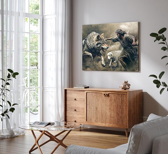 Jesus Saves the Lost Lamb Canvas Wall Art Jesus Lamb Wolf Painting Picture Wall Decor The Shepherd's Protection Wolf Poster Print Artwork Christ Art for Living Room Bedroom Church Home Decoration
