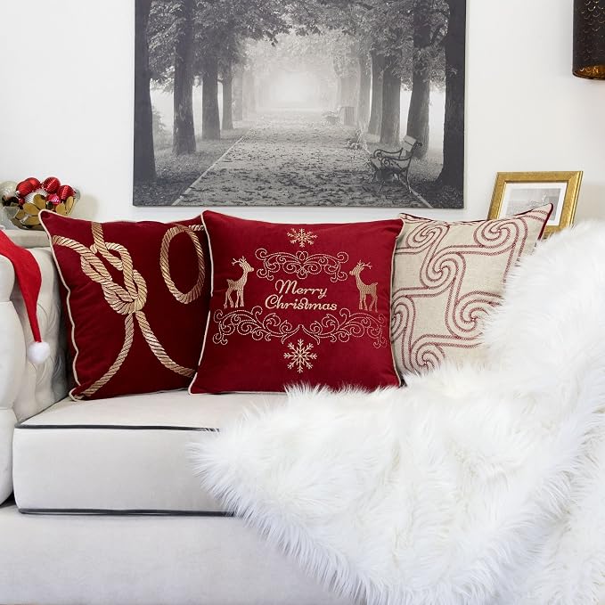 Embroidery Red Velvet Throw Pillow Cover, Merry Christmas Series Gift Knot Luxury Soft Fuzzy Cozy Warm Slik Gift Square Couch Cushion Pillow Case 20 x 20 Inch, Cover Only