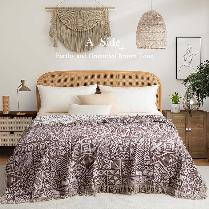 Phuryllic Boho Throw Blanket Twin Size, Soft Cozy Cotton Muslin Quilt Blanket for Bed Decor, Patchwork Block Couch Sofa Chair Cover, Vintage Farmhouse Cottage Tapestry Woven Blanket, Brown&White