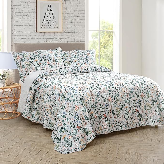 Travan 3-Piece Quilt Set Quilted Bedspread Lightweight Coverlet Set Garden Style Floral Printed Oversized Quilted Bedding Set with Shams for All Season, Exquisite, King Size