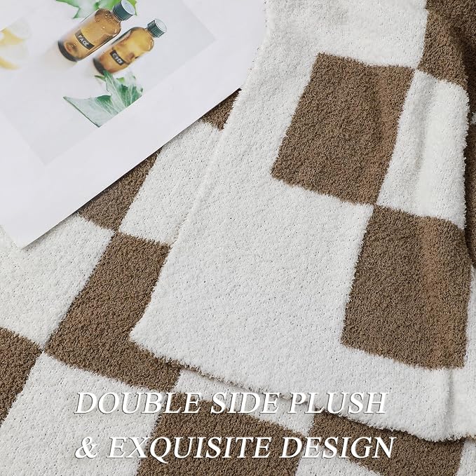 bearberry Soft Plush Throw Blanket for Couch, Cozy Warm & Lightweight | Knitted Fluffy Checkered Comfort Home Decor Gift for Women Mom Her, Sofa Chair Bed, 40x50in, Mocha