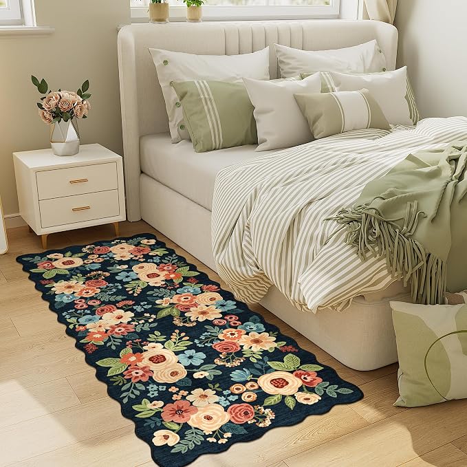 DUKINO 2x5 Washable Runner Rug, Floral Non Slip Kitchen Rug, Navy Blue | Soft, Low Pile, Non-Shedding Throw Rug Runner for Hallway, Entryway, Bedroom, Bathroom, Pet Friendly, Home Decor, Lightweight
