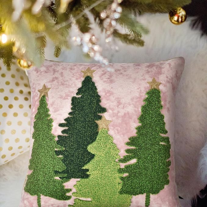 Christmas Tree Pillow Covers 18x18, Embroidered Velvet Christmas Throw Pillow Covers Christmas Decorations Holiday Pillows for Home Couch,Pink Blush/Green