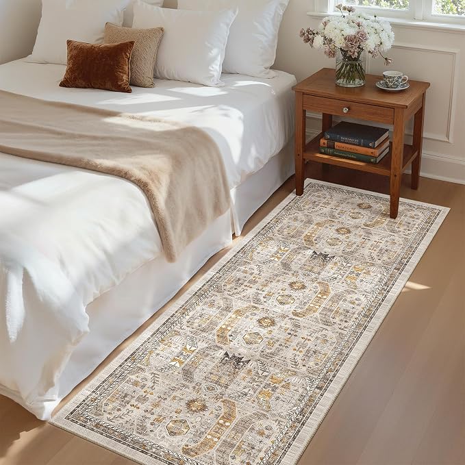 Madane Hallway Runner Rug 2x5 Washable Entry Rugs Non-Slip, Brown/Gold | Vintage Printed Low-Pile Kitchen Runners, Soft Low-Pile Stain-Resistant Throw Carpet for Bedroom Entrance Laundry Room 2'x5'