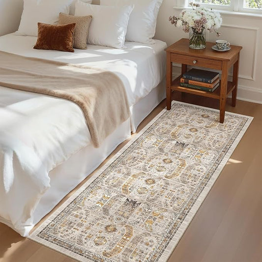 Madane Hallway Runner Rug 2x5 Washable Entry Rugs Non-Slip, Brown/Gold | Vintage Printed Low-Pile Kitchen Runners, Soft Low-Pile Stain-Resistant Throw Carpet for Bedroom Entrance Laundry Room 2'x5'