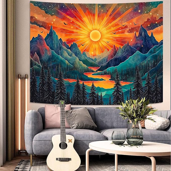 Zussun Vintage Sun Mountain Tapestry Hippie Boho Nature Forest Tree Wall Tapestry for Bedroom Aesthetic Sunset River Landscape Large Tapestries Wall Hanging for Dorm Living Room Decor 80 x 60 Inch
