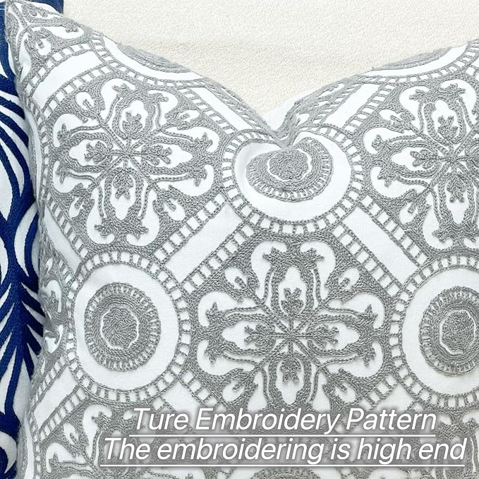 Slow Cow Embroidery Decorative Throw Pillow Cover Cushion Cover for Couch Sofa 18 x 18 Inches Canvas Embroidery Grey