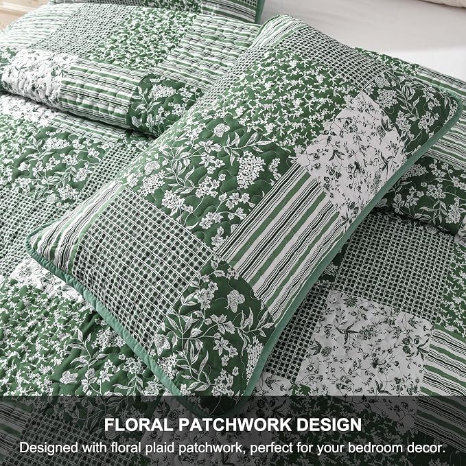 Mybedsoul Boho Quilt King Size, Patchwork Floral Bedding Set, Green | Soft Lightweight Microfiber Coverlet Set, 3 Pieces Plaid Reversible Bedspread, Bed Sets for All Seasons 90"x110"