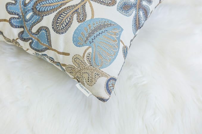 Mika Home Set of 2 Jacquard Tropical Leaf Pattern Throw Pillow Covers Decorative Pillowcase 20x20 Inches, Blue Cream
