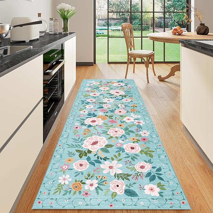 DUKINO 2x6 Runner Rug for Hallway, Washable Kitchen Rugs Non Slip, Teal | Low Pile, Soft, Floral Indoor Rug for Entryway, Bedroom, Laundry, Bathroom, Pet Friendly, Lightweight, Modern Home Decor
